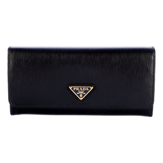 Prada Vitello Move Nero Black Leather Continental Long Wallet Gold Triangle Logo available at Queen Bee of Beverly Hills