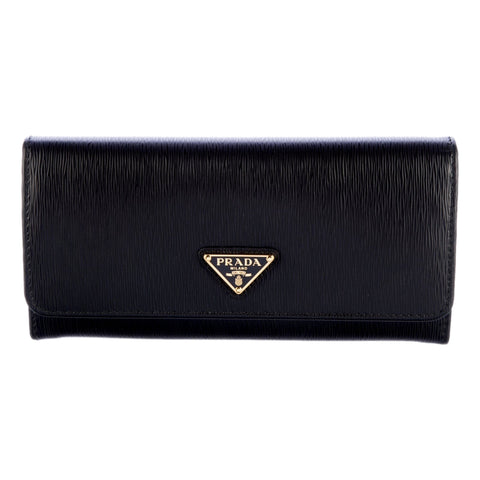 Prada Vitello Move Nero Black Leather Continental Long Wallet Gold Triangle Logo available at Queen Bee of Beverly Hills