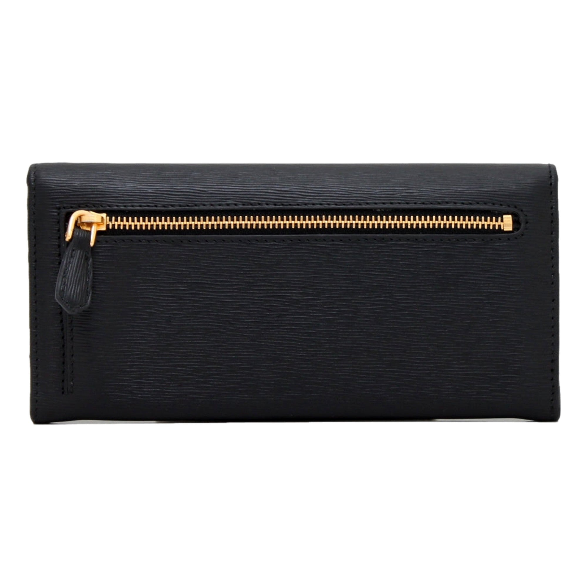 Prada Vitello Move Nero Black Leather Continental Long Wallet Gold Triangle Logo available at Queen Bee of Beverly Hills