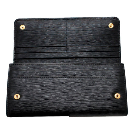 Prada Vitello Move Nero Black Leather Continental Long Wallet Gold Triangle Logo available at Queen Bee of Beverly Hills