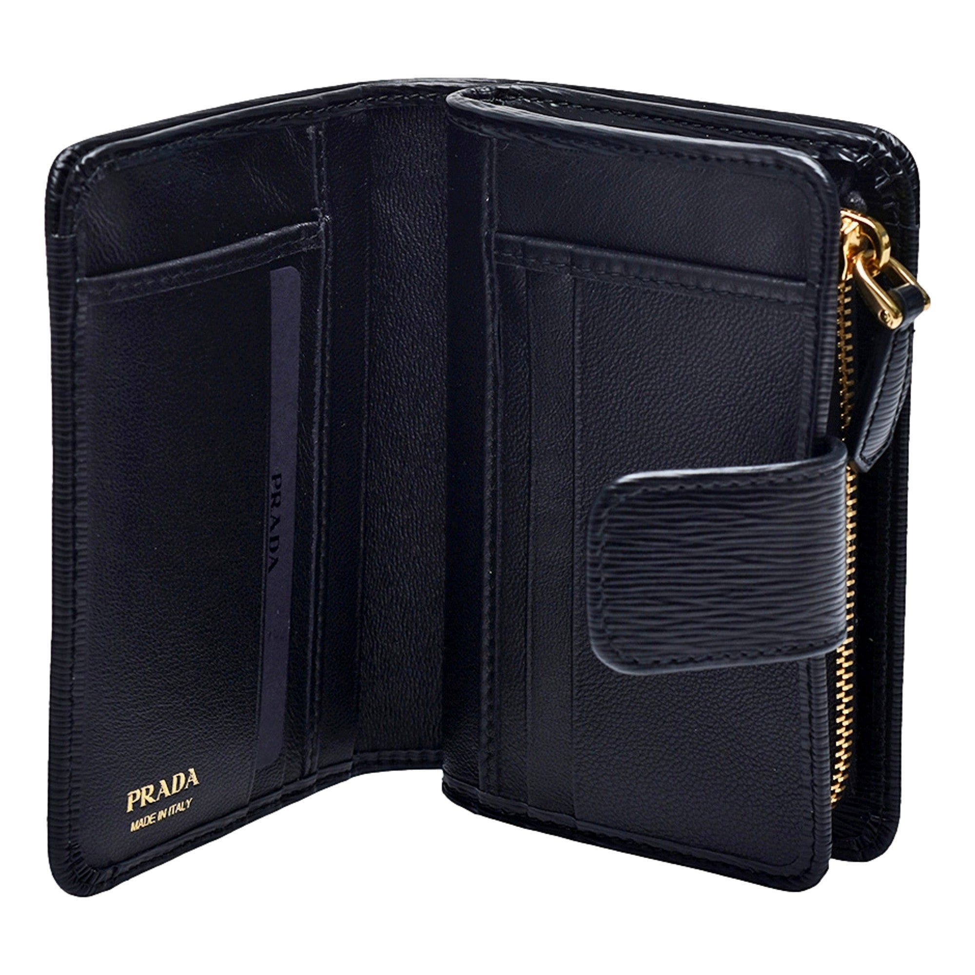Prada Vitello Move Nero Black Leather Small Wallet with Zipper Gold Triangle Logo available at Queen Bee of Beverly Hills