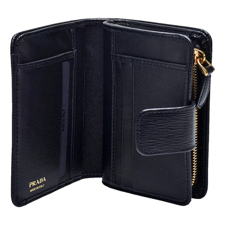 Prada Vitello Move Nero Black Leather Small Wallet with Zipper Gold Triangle Logo available at Queen Bee of Beverly Hills