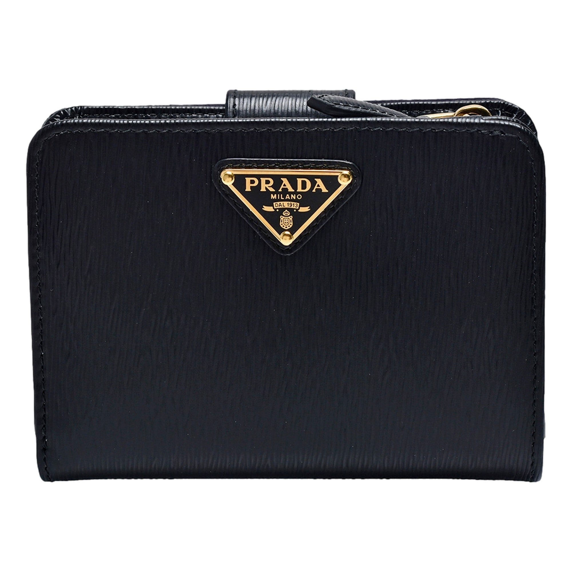 Prada Vitello Move Nero Black Leather Small Wallet with Zipper Gold Triangle Logo available at Queen Bee of Beverly Hills