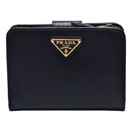 Prada Vitello Move Nero Black Leather Small Wallet with Zipper Gold Triangle Logo available at Queen Bee of Beverly Hills