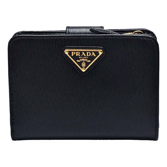 Prada Vitello Move Nero Black Leather Small Wallet with Zipper Gold Triangle Logo available at Queen Bee of Beverly Hills