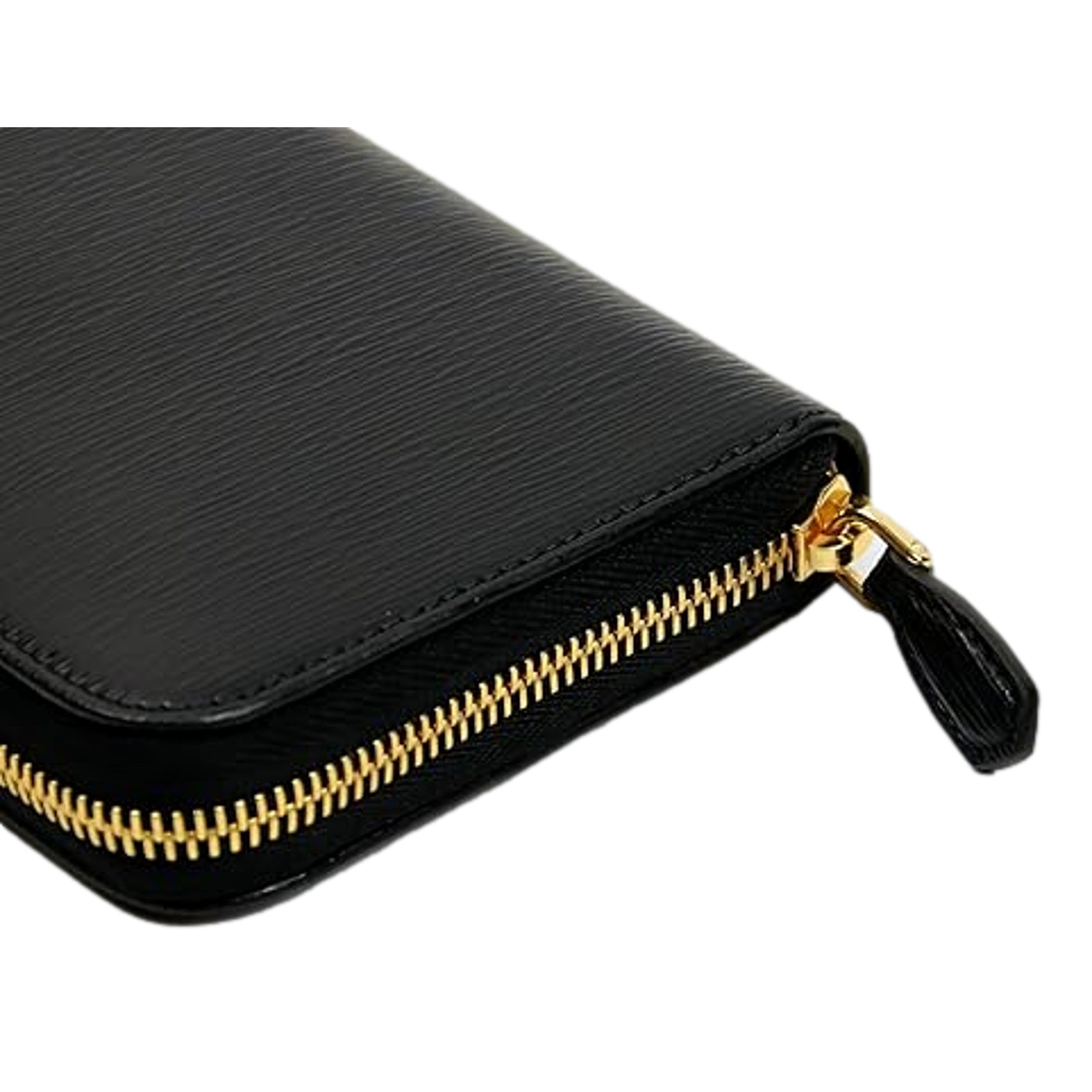 Prada Vitello Move Nero Black Leather Zip Around Long Wallet Gold Triangle Logo available at Queen Bee of Beverly Hills