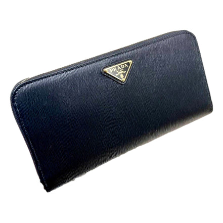 Prada Vitello Move Nero Black Leather Zip Around Long Wallet Gold Triangle Logo available at Queen Bee of Beverly Hills