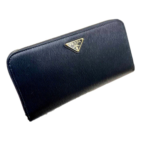 Prada Vitello Move Nero Black Leather Zip Around Long Wallet Gold Triangle Logo available at Queen Bee of Beverly Hills