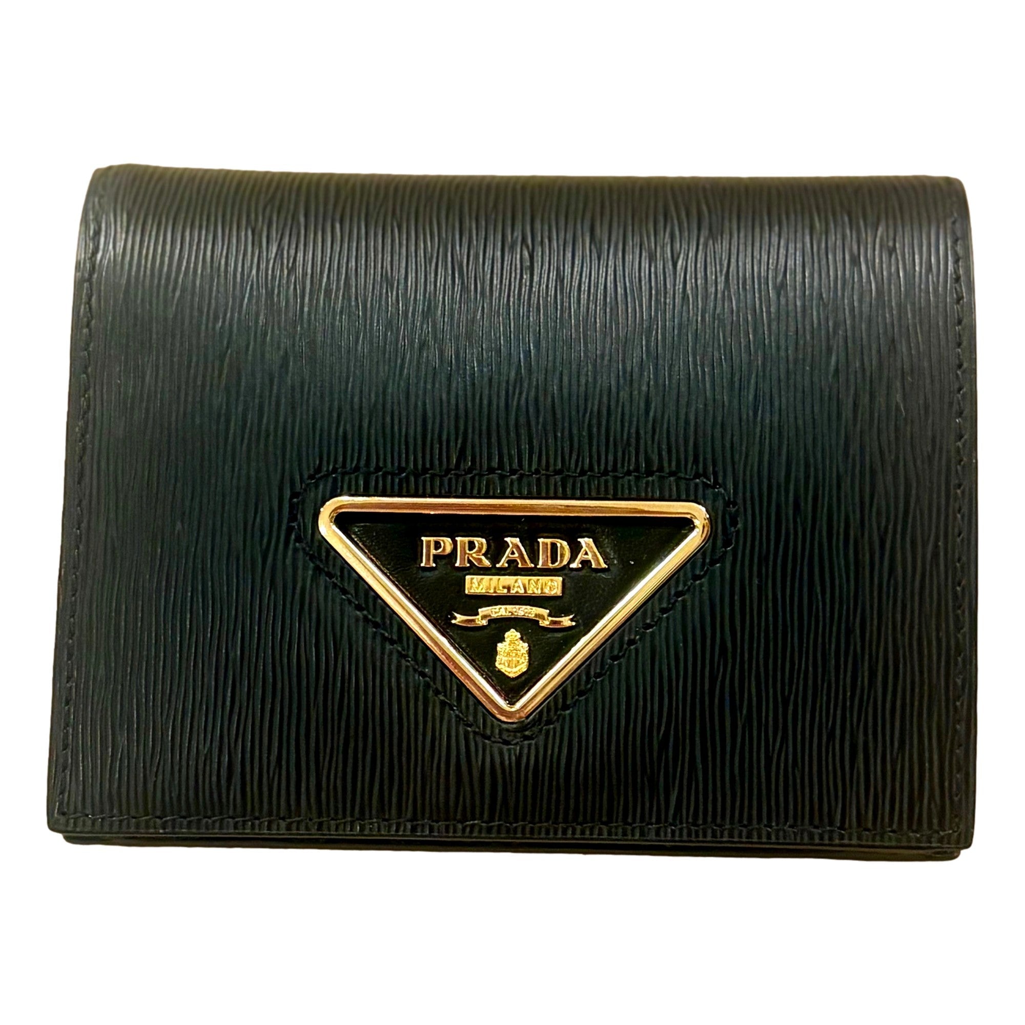 Prada Vitello Move Nero Black Triangle Logo Leather Bifold Snap Wallet available at Queen Bee of Beverly Hills