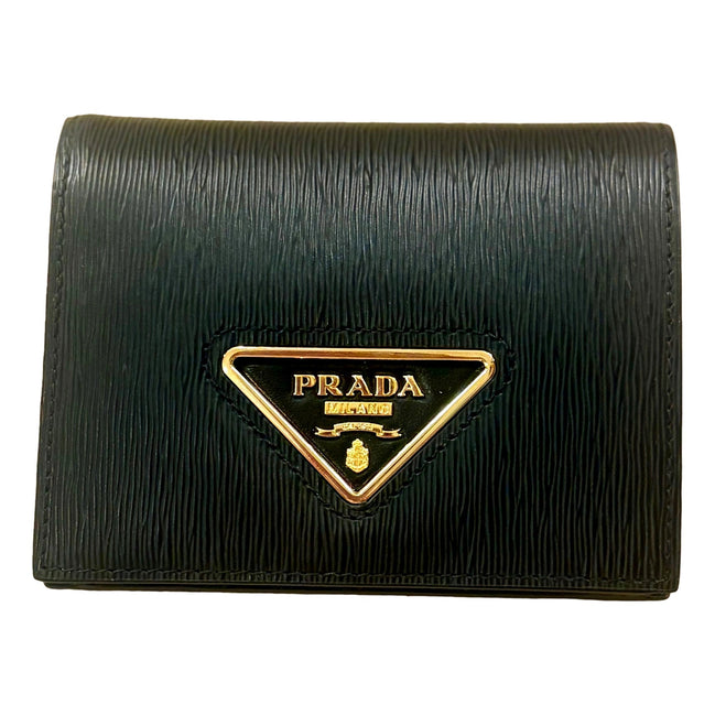 Prada Vitello Move Nero Black Triangle Logo Leather Bifold Snap Wallet available at Queen Bee of Beverly Hills