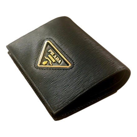 Prada Vitello Move Nero Black Triangle Logo Leather Bifold Snap Wallet available at Queen Bee of Beverly Hills