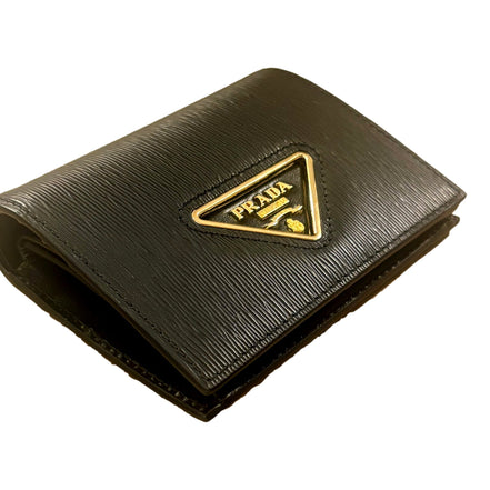 Prada Vitello Move Nero Black Triangle Logo Leather Bifold Snap Wallet available at Queen Bee of Beverly Hills