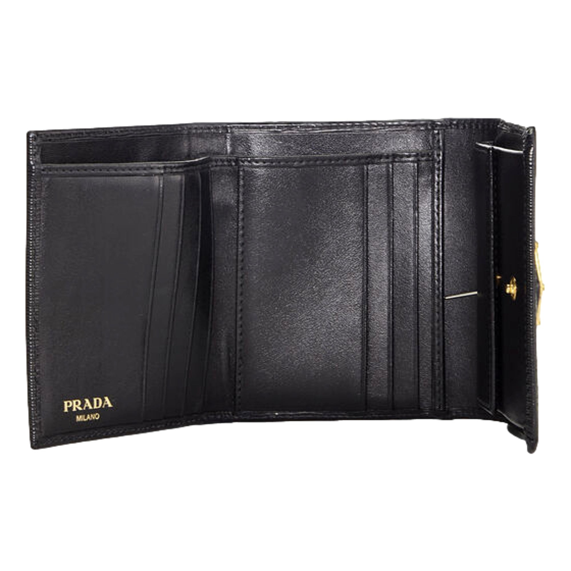 Prada Vitello Move Nero Black Triangle Logo Leather Bifold Snap Wallet available at Queen Bee of Beverly Hills