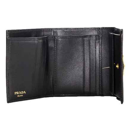 Prada Vitello Move Nero Black Triangle Logo Leather Bifold Snap Wallet available at Queen Bee of Beverly Hills