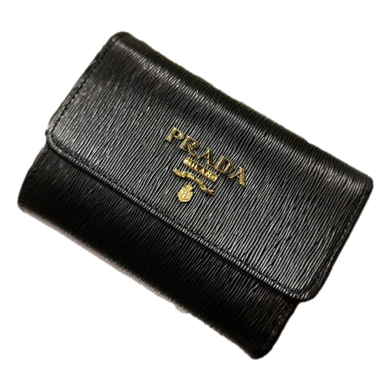 Prada Vitello Move Nero Black Trifold Coin Zipper Snap Card Holder Wallet available at Queen Bee of Beverly Hills