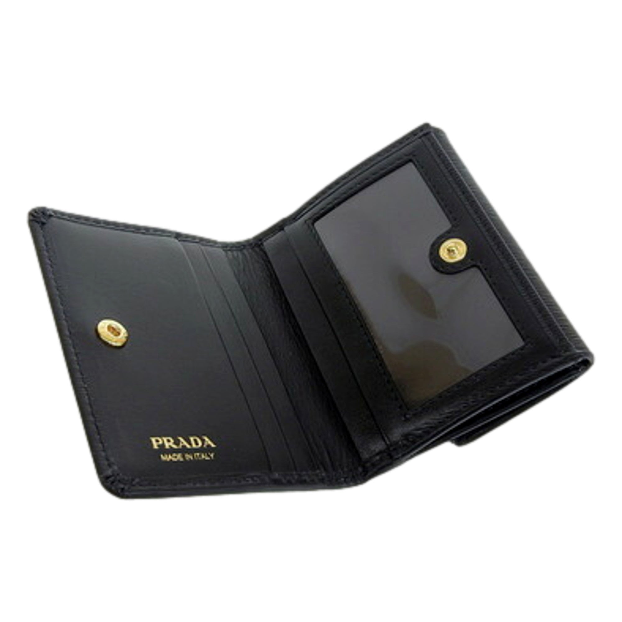 Prada Vitello Move Nero Black Trifold ID Holder Snap Wallet available at Queen Bee of Beverly Hills