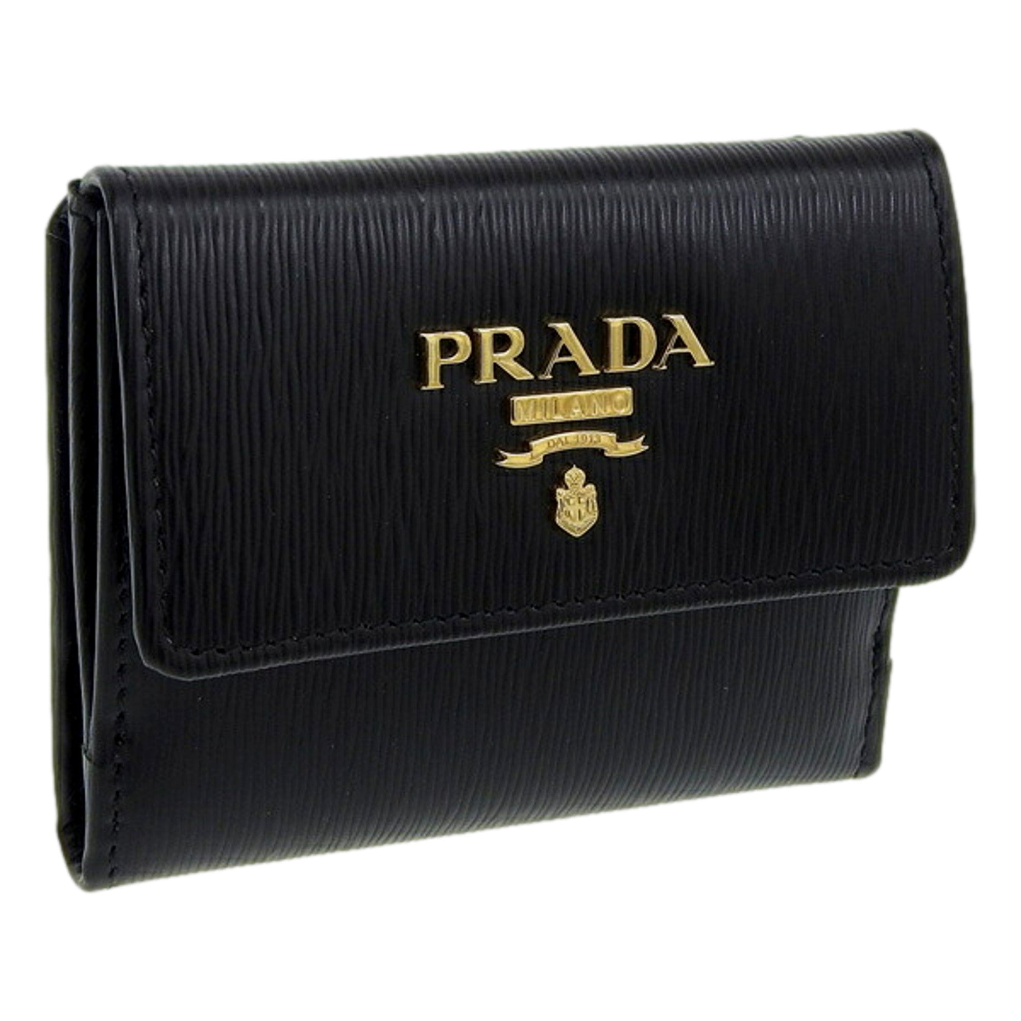 Prada Vitello Move Nero Black Trifold ID Holder Snap Wallet available at Queen Bee of Beverly Hills