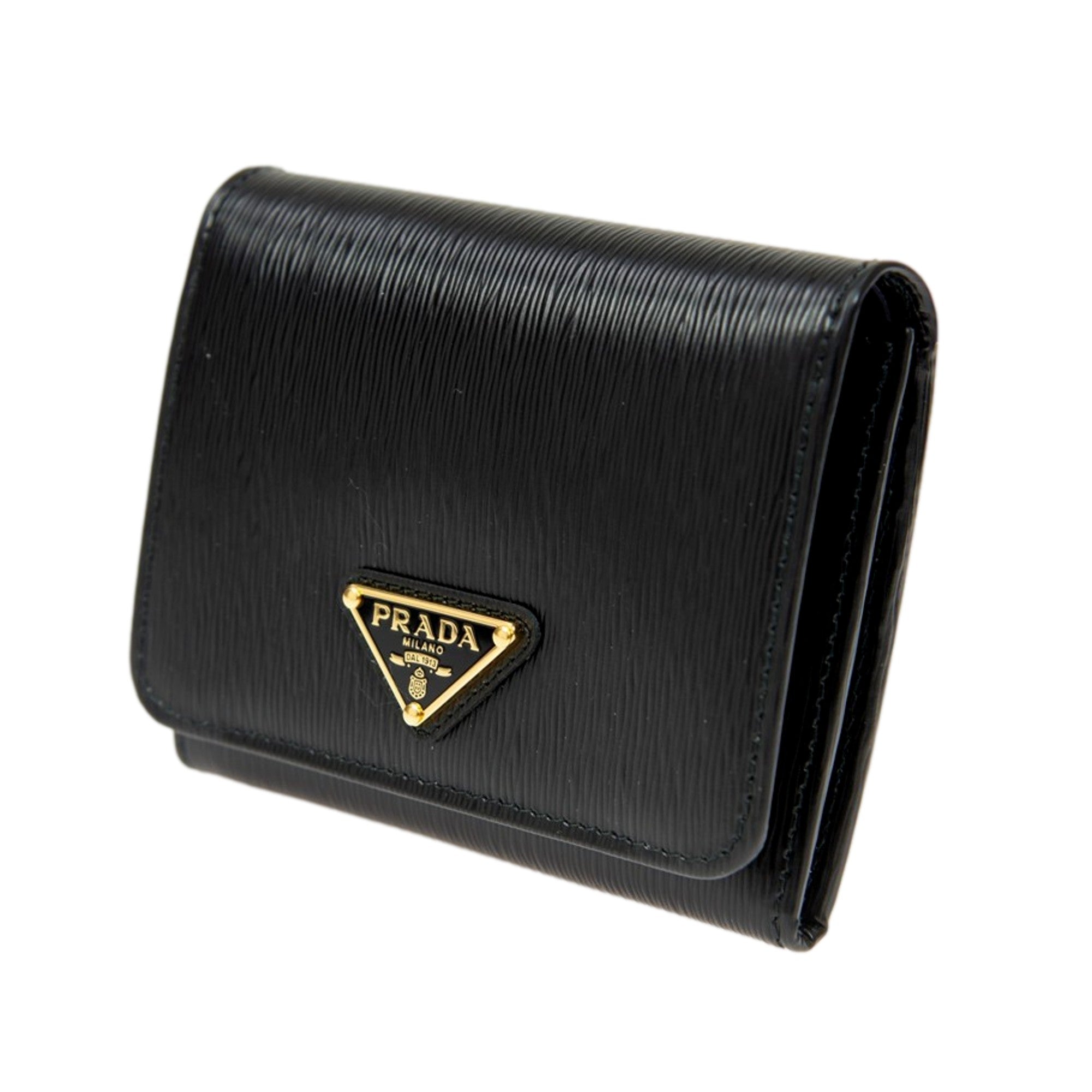 Prada Vitello Move Trifold Compact Wallet Black Leather Triangle Plaque available at Queen Bee of Beverly Hills