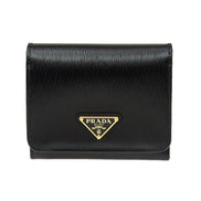 Prada Vitello Move Trifold Compact Wallet Black Leather Triangle Plaque available at Queen Bee of Beverly Hills