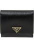 Prada Vitello Move Trifold Compact Wallet Black Leather Triangle Plaque available at Queen Bee of Beverly Hills