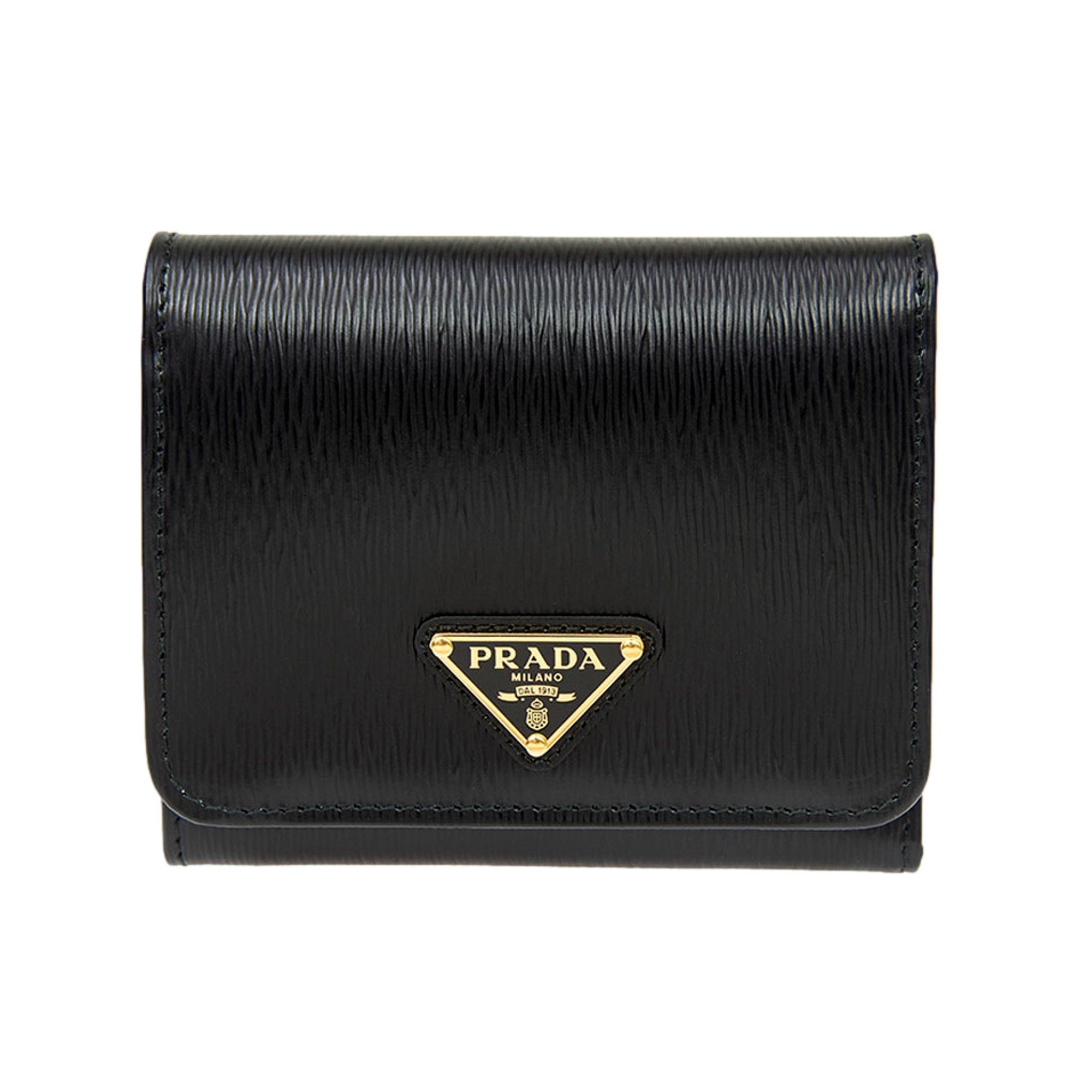 Prada Vitello Move Trifold Compact Wallet Black Leather Triangle Plaque available at Queen Bee of Beverly Hills