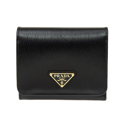 Prada Vitello Move Trifold Compact Wallet Black Leather Triangle Plaque available at Queen Bee of Beverly Hills