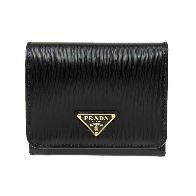 Prada Vitello Move Trifold Compact Wallet Black Leather Triangle Plaque available at Queen Bee of Beverly Hills