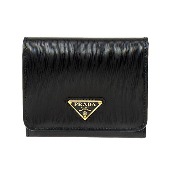 Prada Vitello Move Trifold Compact Wallet Black Leather Triangle Plaque available at Queen Bee of Beverly Hills