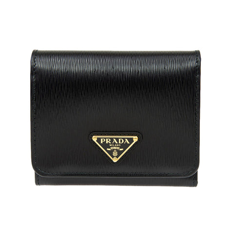 Prada Vitello Move Trifold Compact Wallet Black Leather Triangle Plaque available at Queen Bee of Beverly Hills