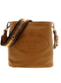 Prada Vitello Phenix Bucket Crossbody Bag Caramel Brown Web Strap available at Queen Bee of Beverly Hills