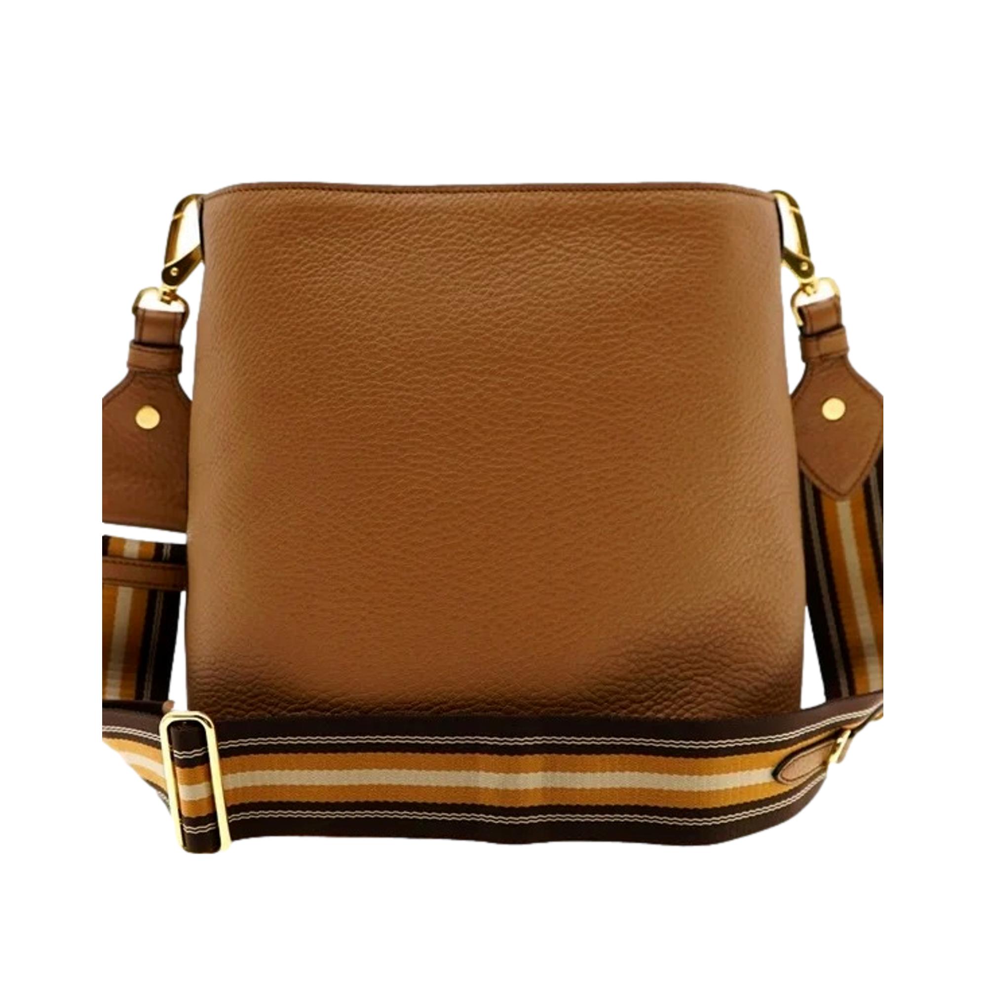 Prada Vitello Phenix Bucket Crossbody Bag Caramel Brown Web Strap available at Queen Bee of Beverly Hills