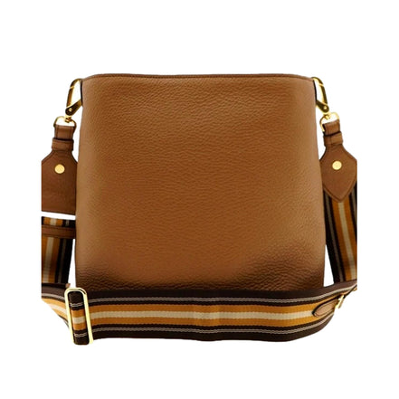 Prada Vitello Phenix Bucket Crossbody Bag Caramel Brown Web Strap available at Queen Bee of Beverly Hills