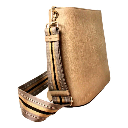 Prada Vitello Phenix Cammeo Leather Stripe Strap Bucket Bag available at Queen Bee of Beverly Hills