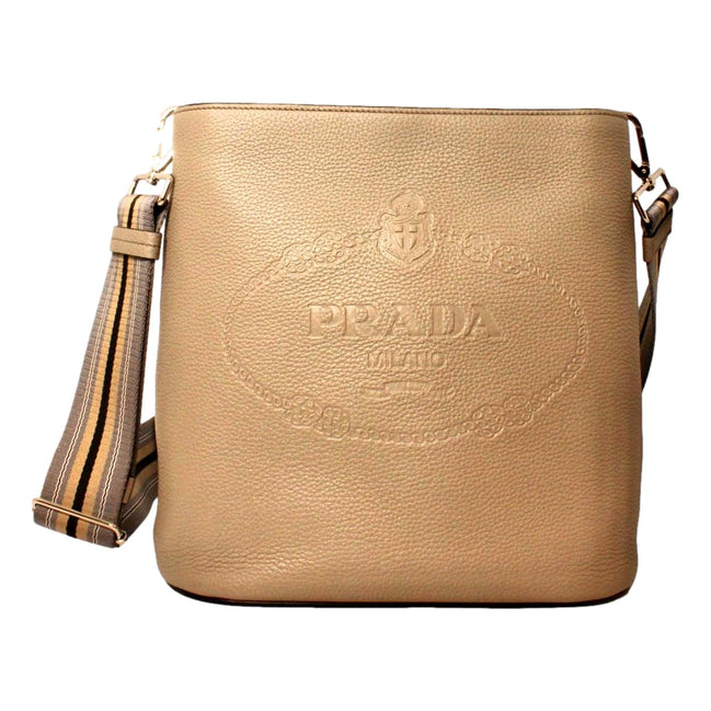 Prada Vitello Phenix Cammeo Leather Stripe Strap Bucket Bag available at Queen Bee of Beverly Hills