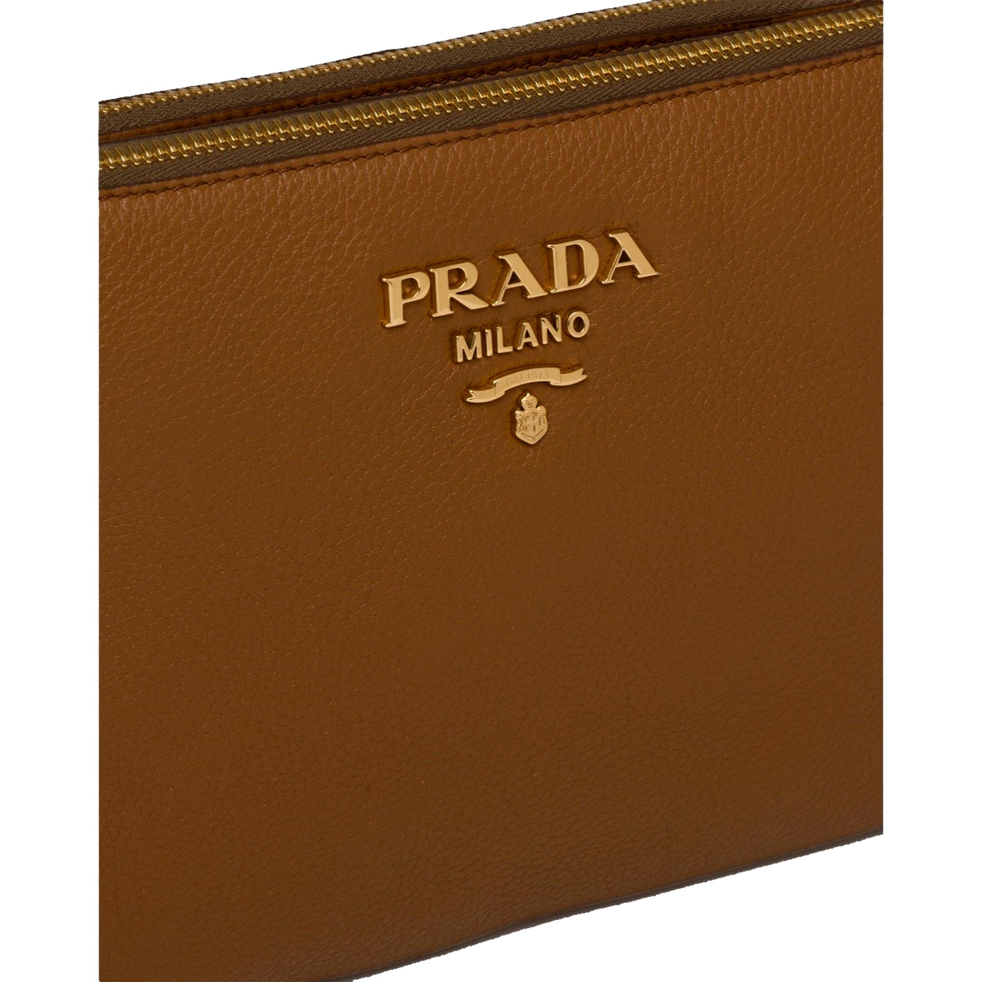 Prada Vitello Phenix Cannella Brown Leather Crossbody Bag available at Queen Bee of Beverly Hills