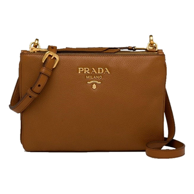 Prada Vitello Phenix Cannella Brown Leather Crossbody Bag available at Queen Bee of Beverly Hills