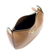 Prada Vitello Phenix Caramel Brown Leather Web Stripe Crossbody Bag available at Queen Bee of Beverly Hills