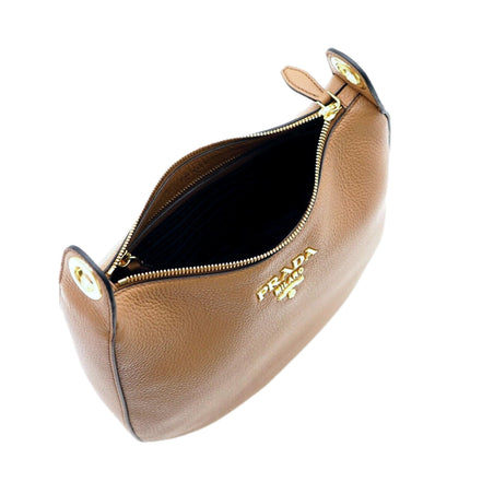 Prada Vitello Phenix Caramel Brown Leather Web Stripe Crossbody Bag available at Queen Bee of Beverly Hills