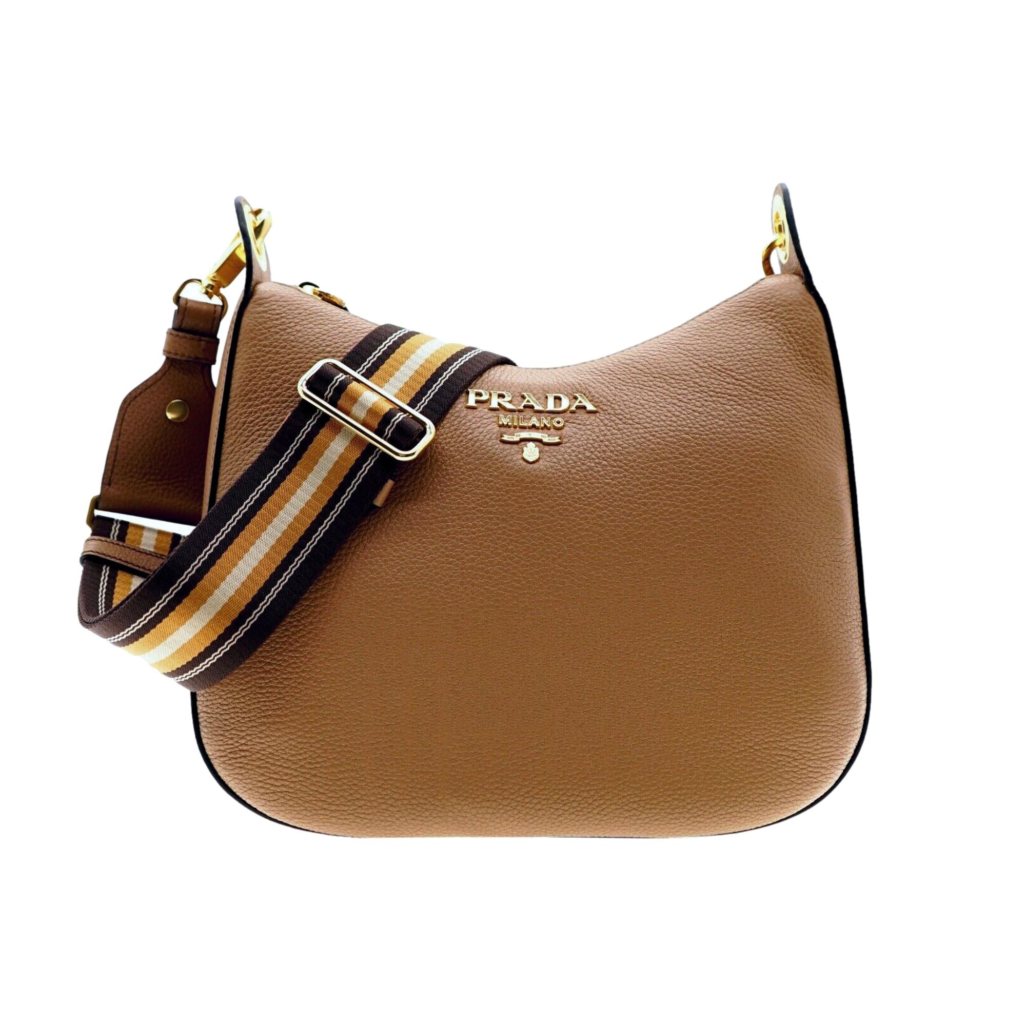 Prada Vitello Phenix Caramel Brown Leather Web Stripe Crossbody Bag available at Queen Bee of Beverly Hills