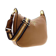 Prada Vitello Phenix Caramel Brown Leather Web Stripe Crossbody Bag available at Queen Bee of Beverly Hills