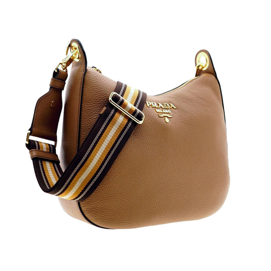 Prada Vitello Phenix Caramel Brown Leather Web Stripe Crossbody Bag available at Queen Bee of Beverly Hills