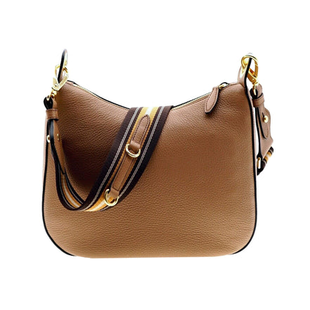 Prada Vitello Phenix Caramel Brown Leather Web Stripe Crossbody Bag available at Queen Bee of Beverly Hills