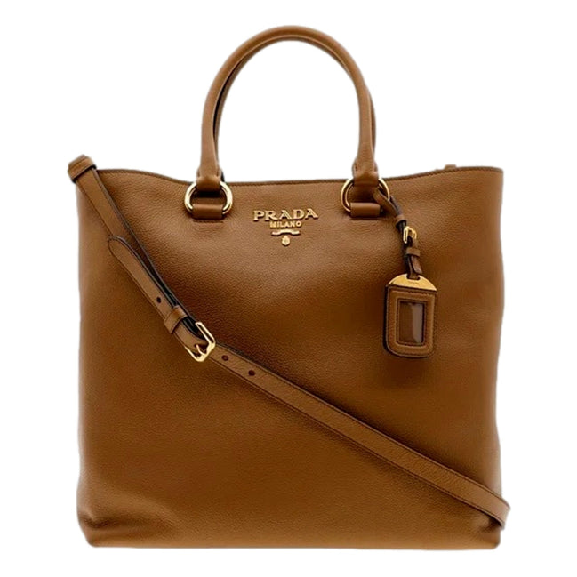 Prada Vitello Phenix Caramel Brown Shopping Tote Bag available at Queen Bee of Beverly Hills
