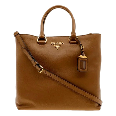 Prada Vitello Phenix Caramel Brown Shopping Tote Bag available at Queen Bee of Beverly Hills