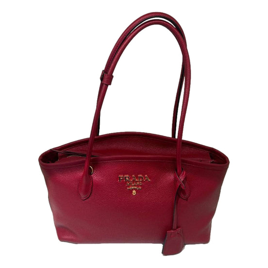 Prada Vitello Phenix Leather Rubino Red Top Handle Shoulder Bag available at Queen Bee of Beverly Hills