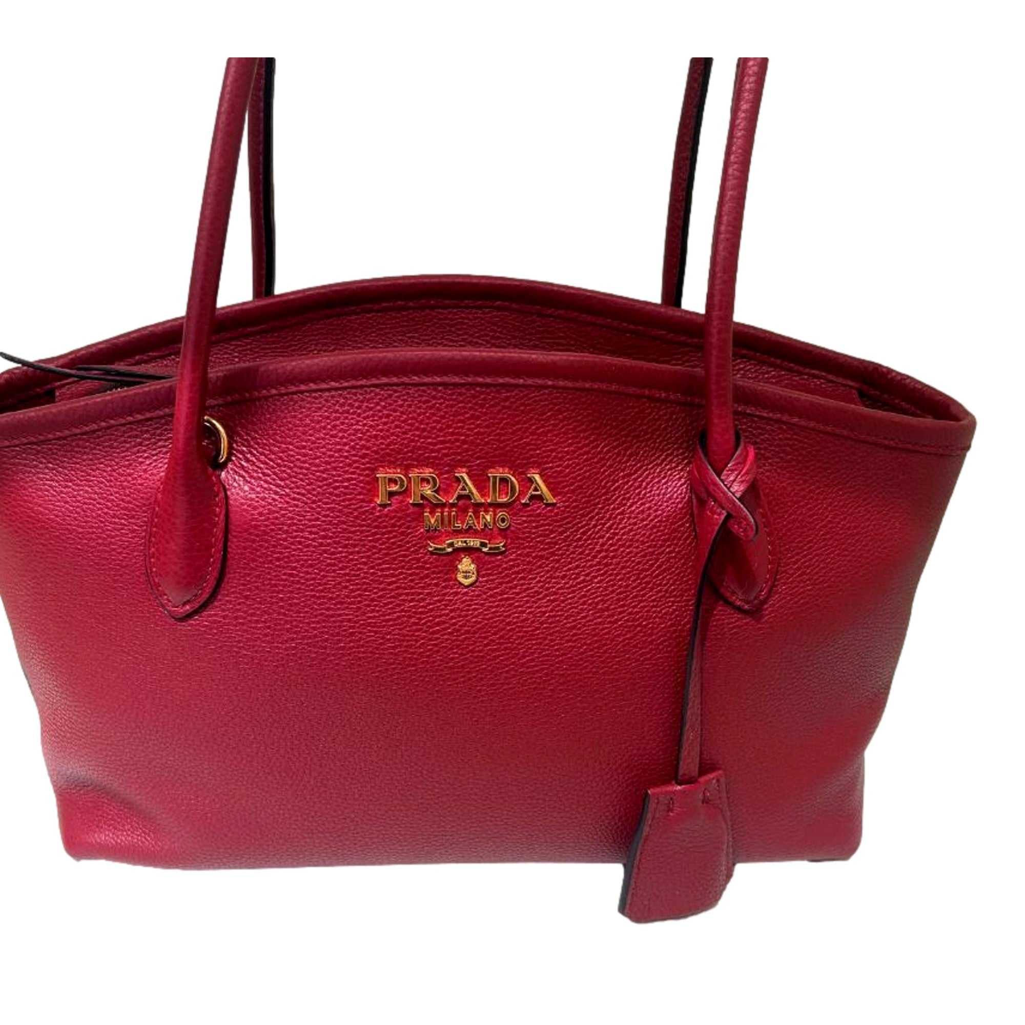 Prada Vitello Phenix Leather Rubino Red Top Handle Shoulder Bag available at Queen Bee of Beverly Hills