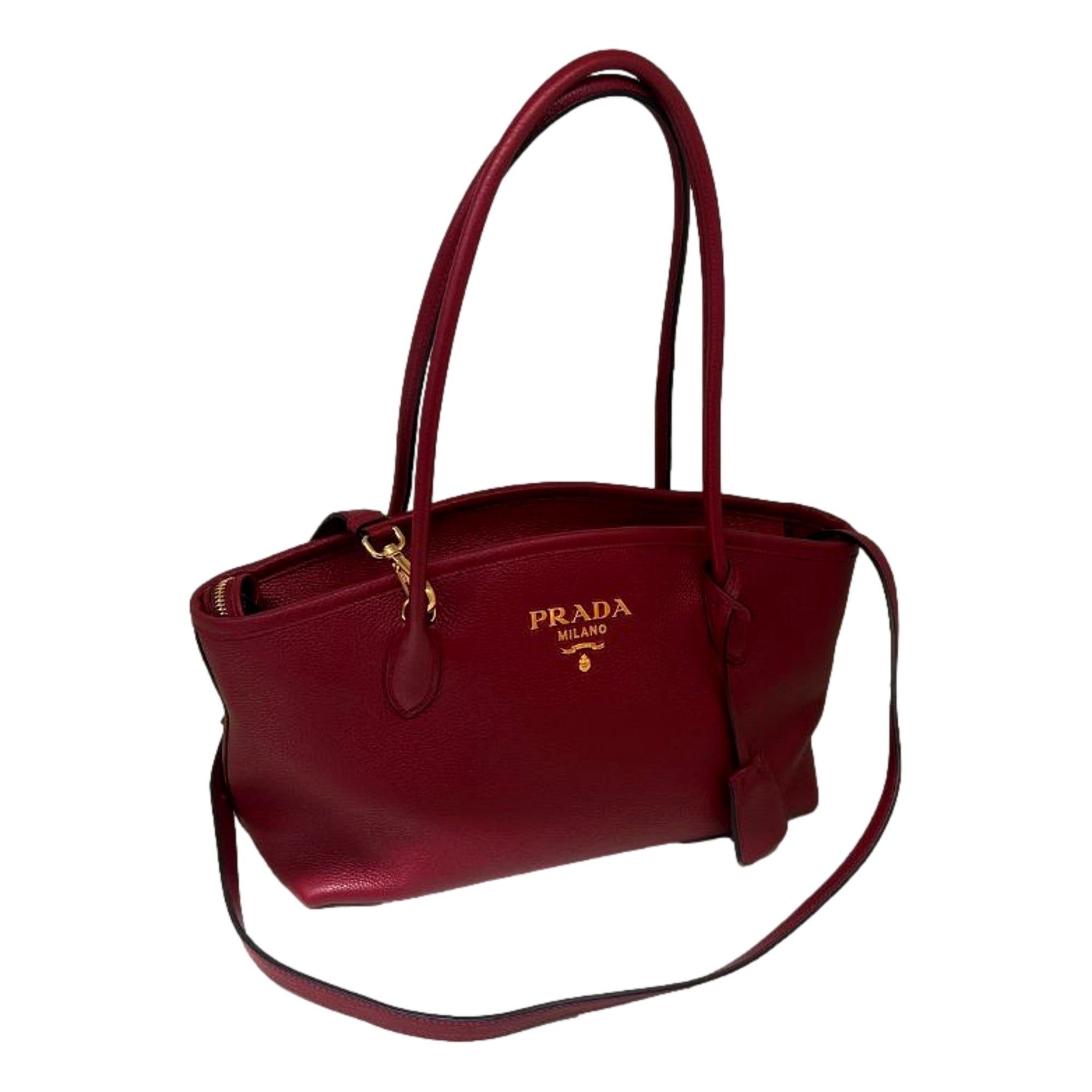 Prada Vitello Phenix Leather Rubino Red Top Handle Shoulder Bag available at Queen Bee of Beverly Hills