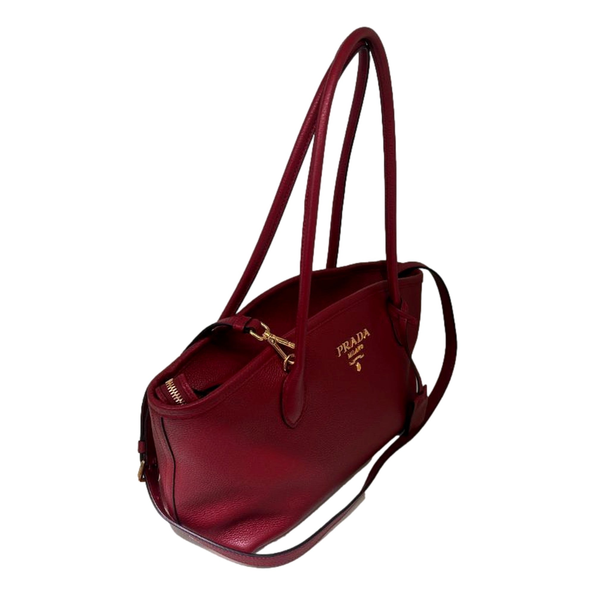 Prada Vitello Phenix Leather Rubino Red Top Handle Shoulder Bag available at Queen Bee of Beverly Hills