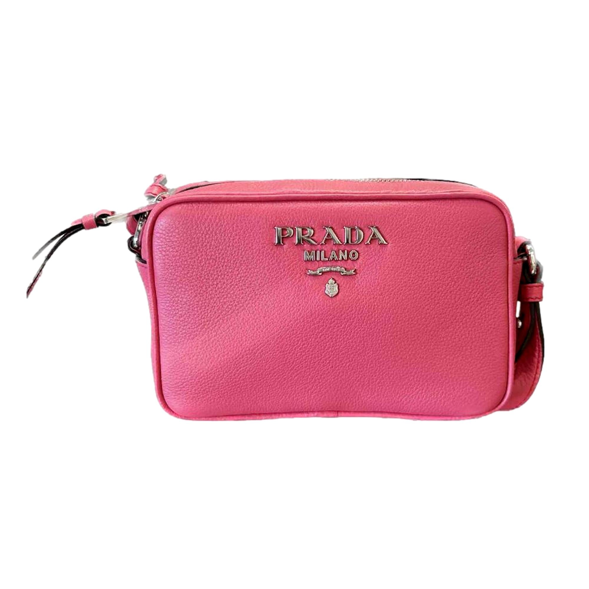 Prada Vitello Phenix Pink Leather Silver Logo Small Camera Crossbody Bag available at Queen Bee of Beverly Hills