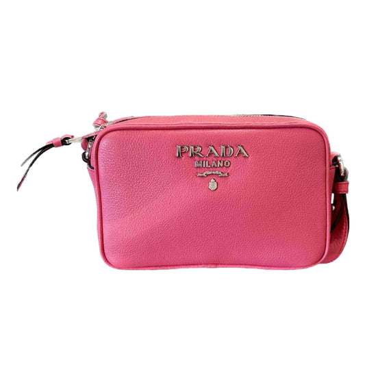 Prada Vitello Phenix Pink Leather Silver Logo Small Camera Crossbody Bag available at Queen Bee of Beverly Hills